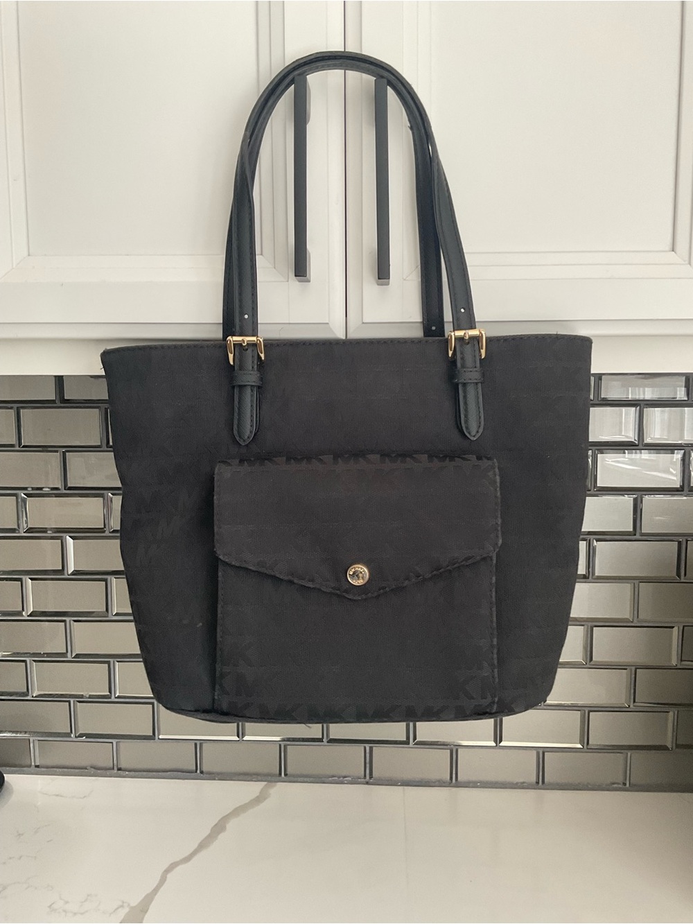 Michael Kors Black Logo Shoulder Tote with Front Pocket